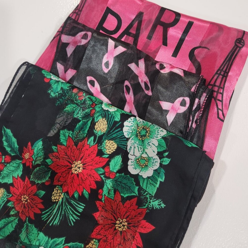 Lot of 3 scarves. Pink Ribbon, Pink Paris, and Poinsettia